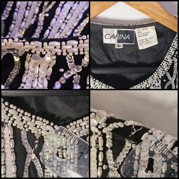 VTG Carina Silk Sequin Beaded Blazer Sz Lg Silver Black Holiday Evening Jacket - Picture 7 of 8
